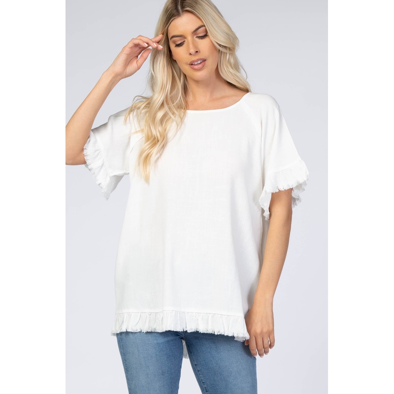 White Short Sleeve Fringe Ruffle Trim Blouse