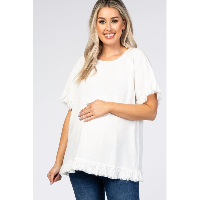 White Short Sleeve Fringe Ruffle Trim Maternity Blouse