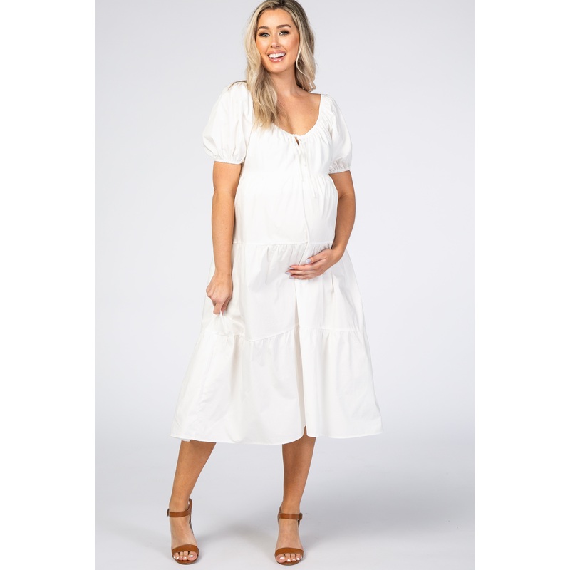 White Tie Front Puff Sleeve Maternity Midi Dress