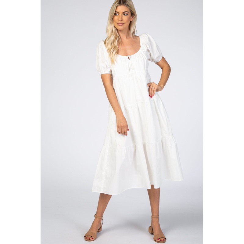 White Tie Front Puff Sleeve Midi Dress