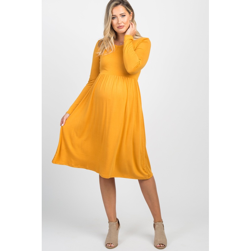 Yellow Solid Long Sleeve Maternity Dress
