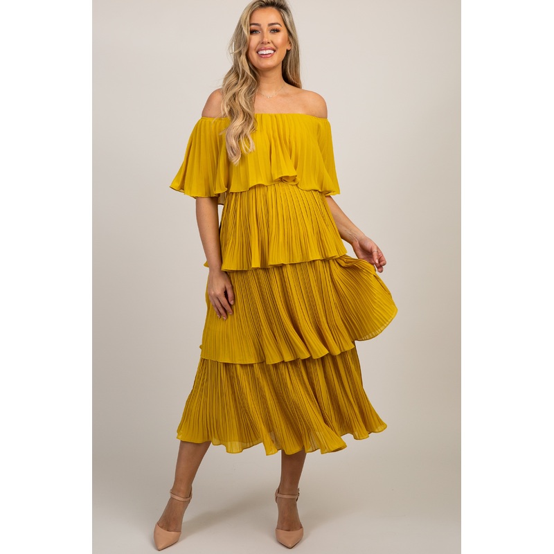 Yellow Solid Off Shoulder Pleated Ruffle Maternity Midi Dress