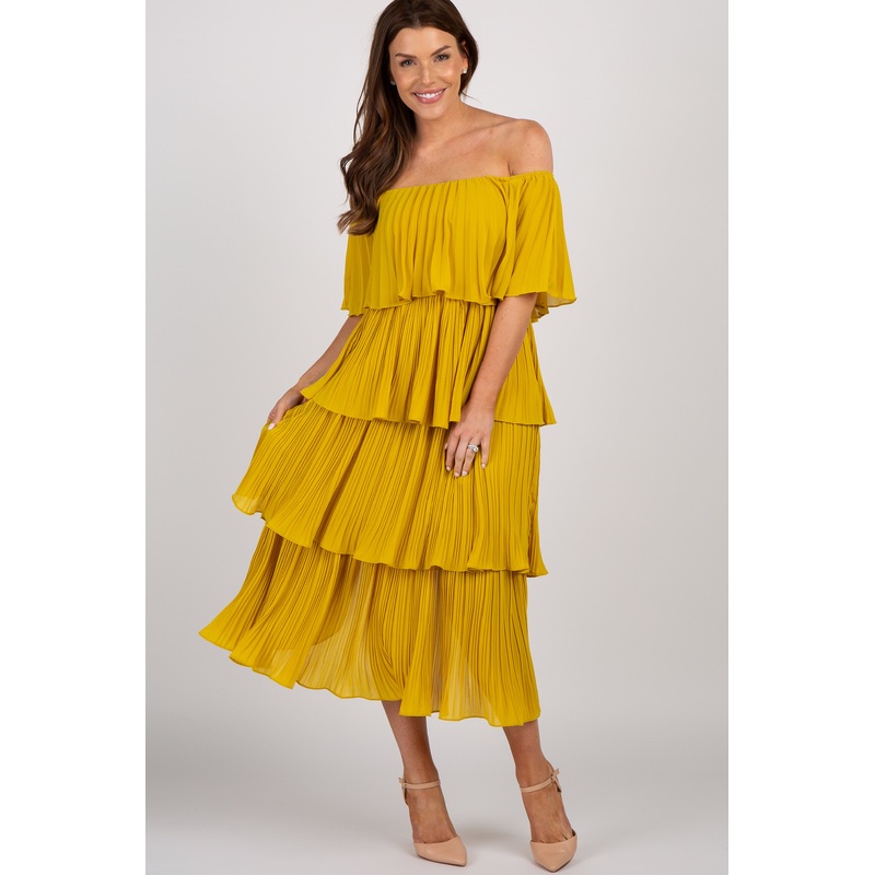 Yellow Solid Off Shoulder Pleated Ruffle Midi Dress