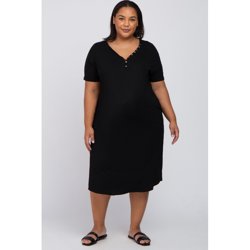 Black Button Neck Round Hem Maternity Plus Dress