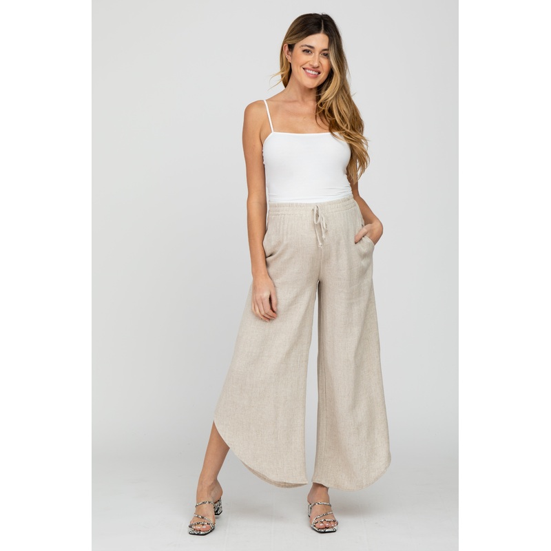 Cream Linen Tie Front Curved Hem Maternity Pants