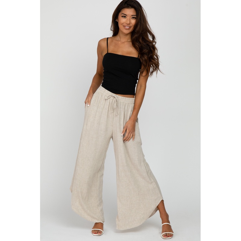 Cream Linen Tie Front Curved Hem Pants