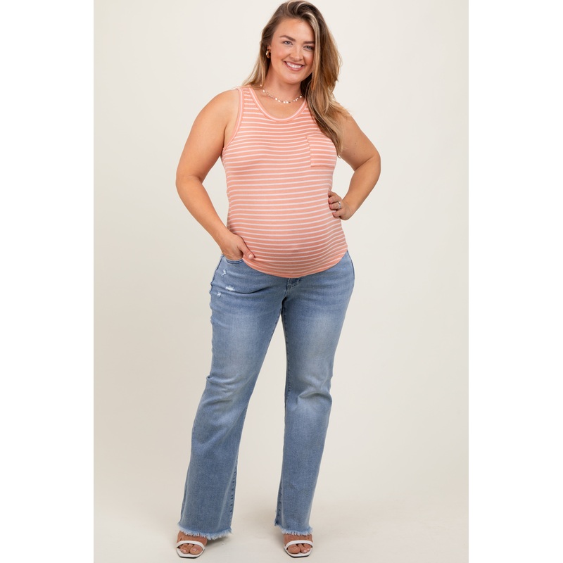 Light Blue Distressed Fringe Hem Flare Leg Maternity Plus Jeans