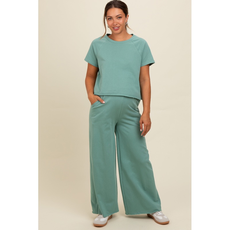 Light Olive Basic Tee And Wide Leg Pant Maternity Set