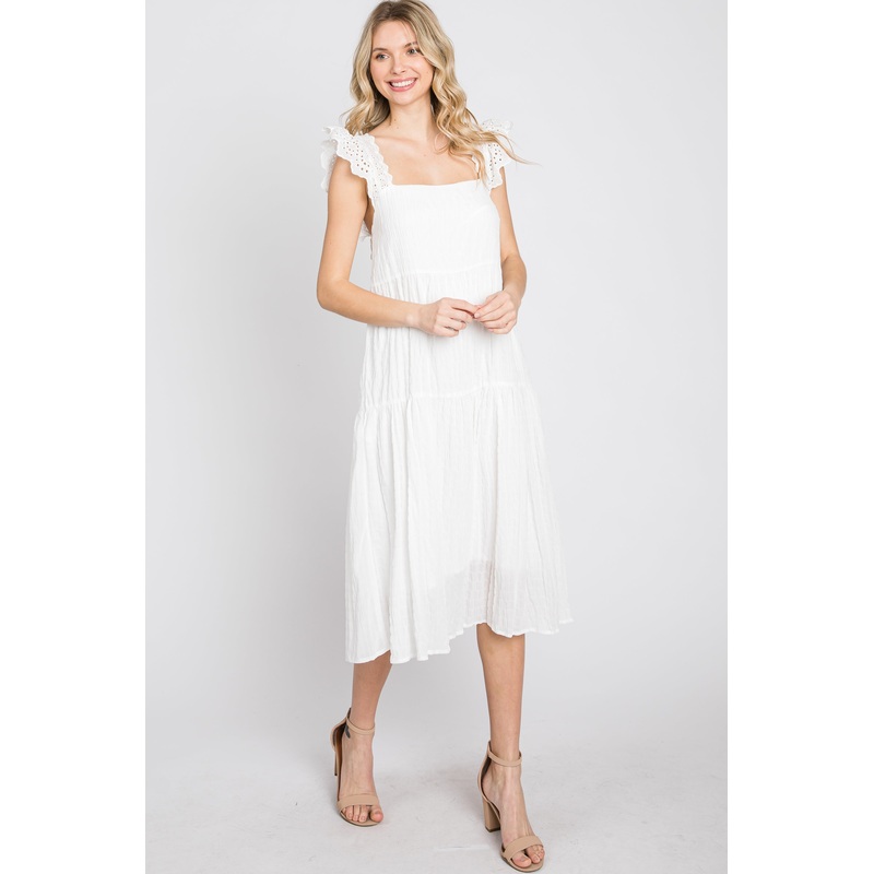 White Eyelet Lace Tiered Smocked Dress