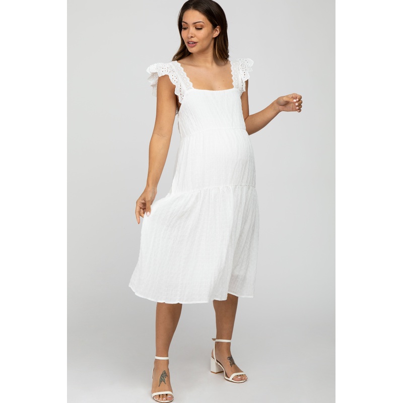 White Eyelet Lace Tiered Smocked Maternity Dress