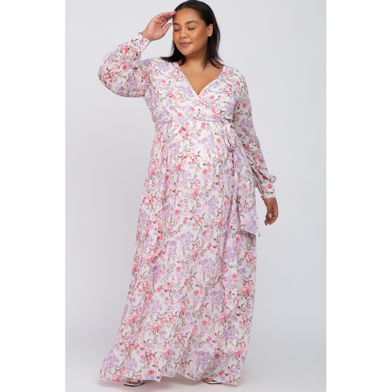 White Floral Chiffon Long Sleeve Pleated Maternity Plus Maxi Dress