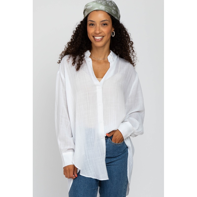 White Lightweight Sheer Button Down Blouse