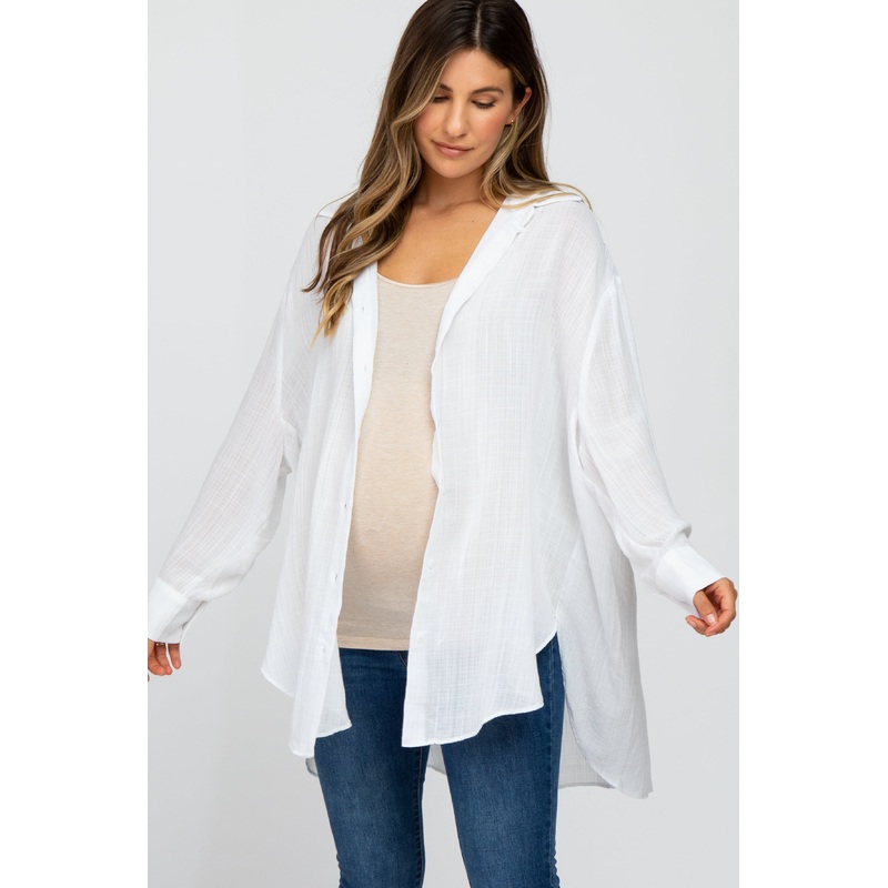 White Lightweight Sheer Button Down Maternity Blouse