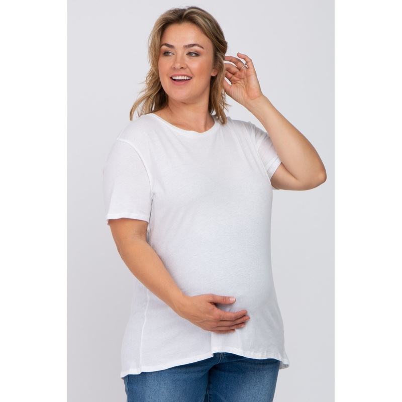 White Solid Short Sleeve Plus Maternity Top