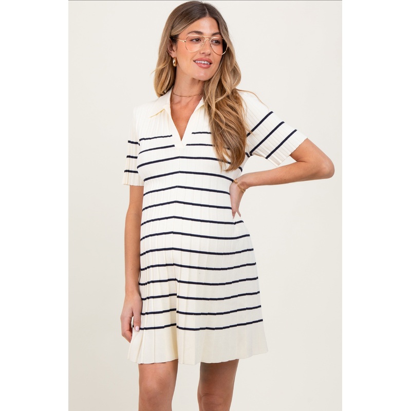 White Striped Knit Collared Pleated Maternity Dress