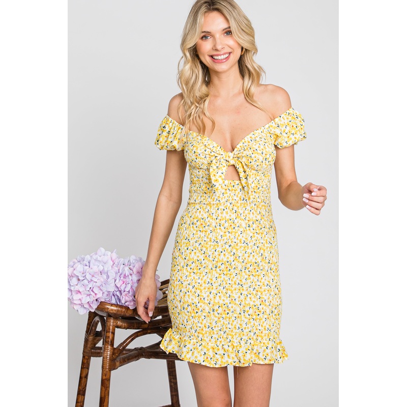 Yellow Floral Knotted Front Smocked Fitted Mini Dress