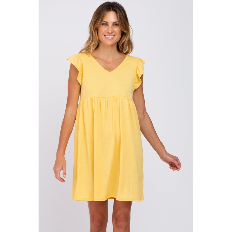 Yellow Flutter Sleeve V-Neck Dress
