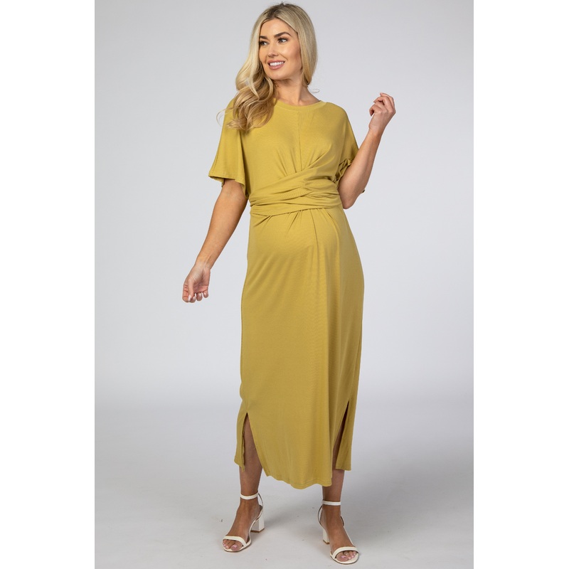 Yellow Wrap Tie Maternity Midi Dress