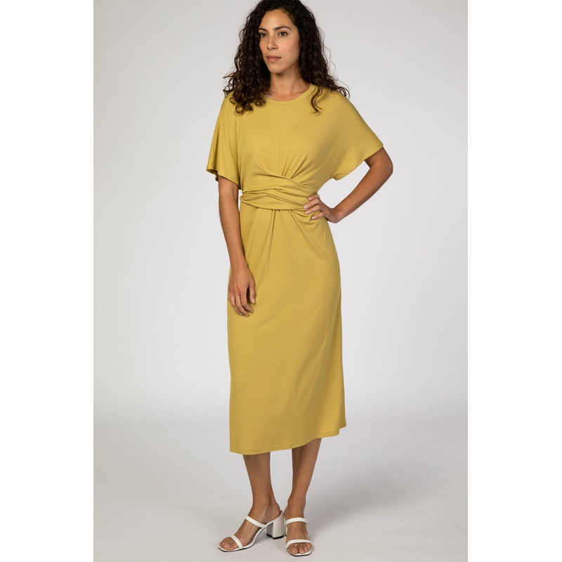Yellow Wrap Tie Midi Dress