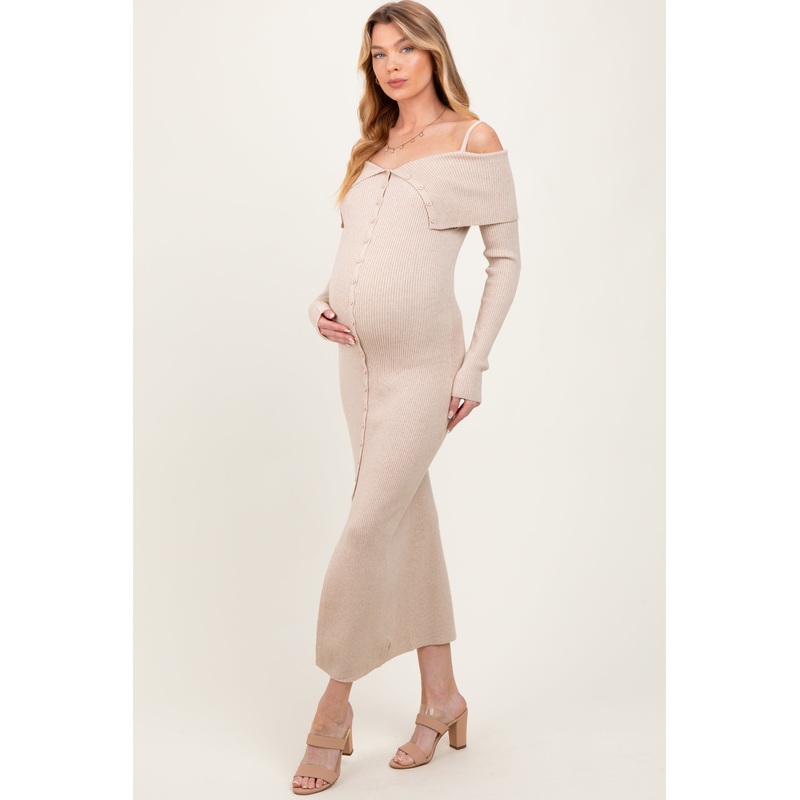 Beige Off Shoulder Long Cardigan Maternity Maxi Dress
