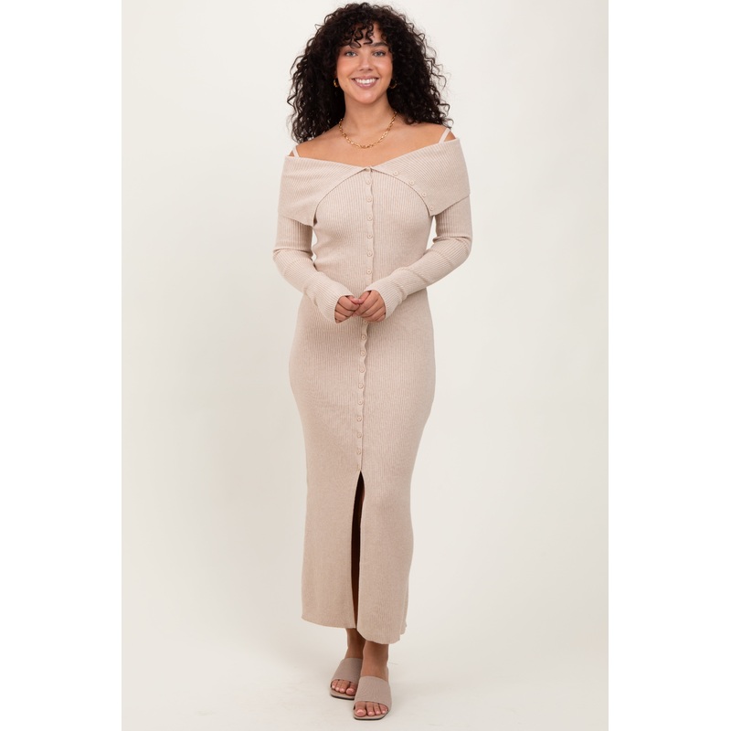 Beige Off Shoulder Long Cardigan Maxi Dress
