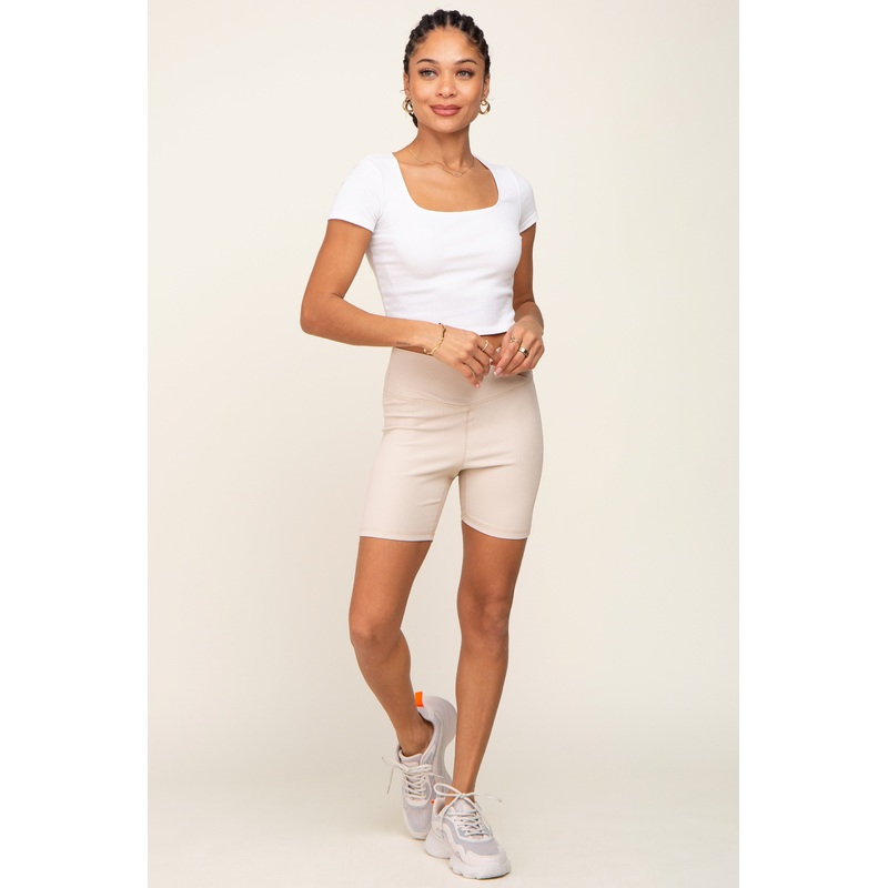 Beige Ribbed Crisscross Biker Shorts
