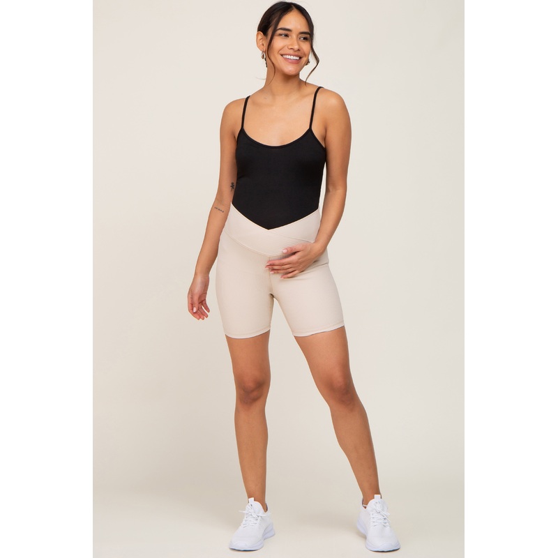 Beige Ribbed Crisscross Maternity Biker Shorts