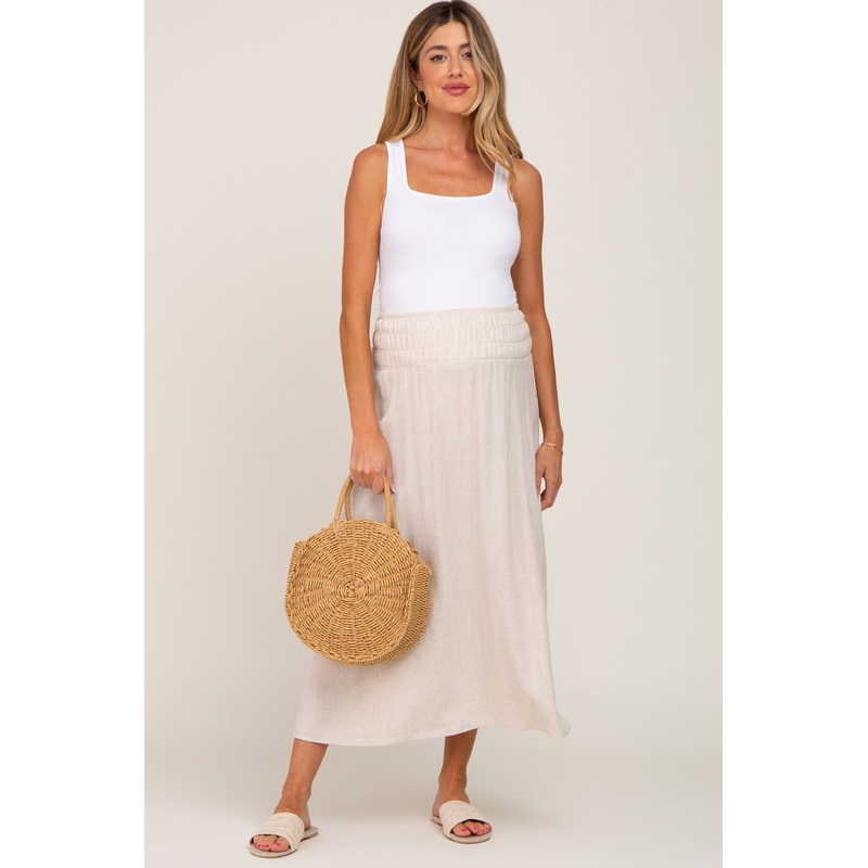 Beige Smocked Maternity Linen Maxi Skirt