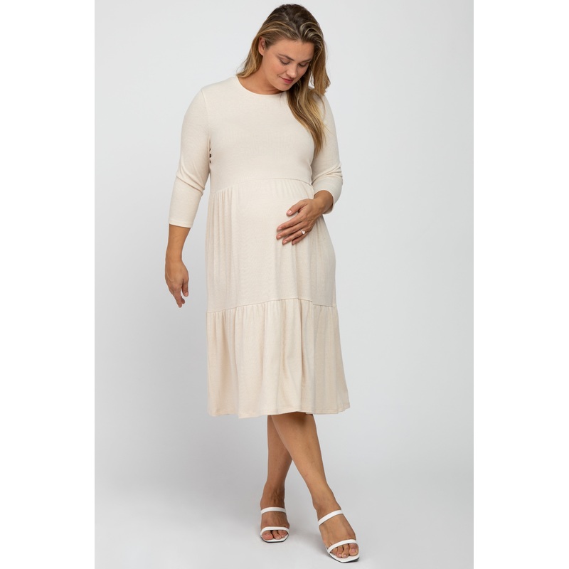 Beige Tiered Ribbed 3/4 Sleeve Plus Maternity Midi Dress