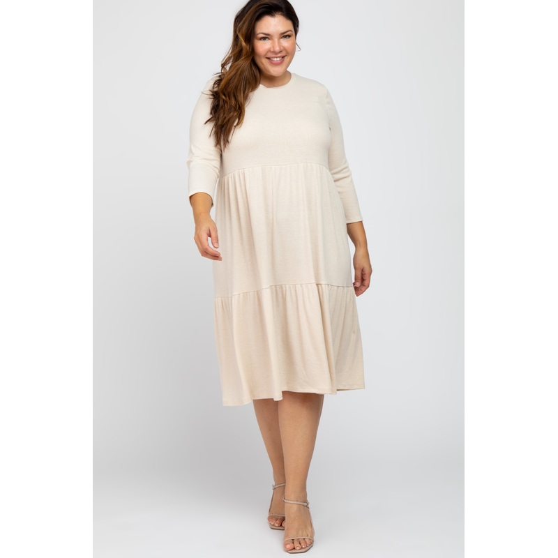 Beige Tiered Ribbed 3/4 Sleeve Plus Midi Dress