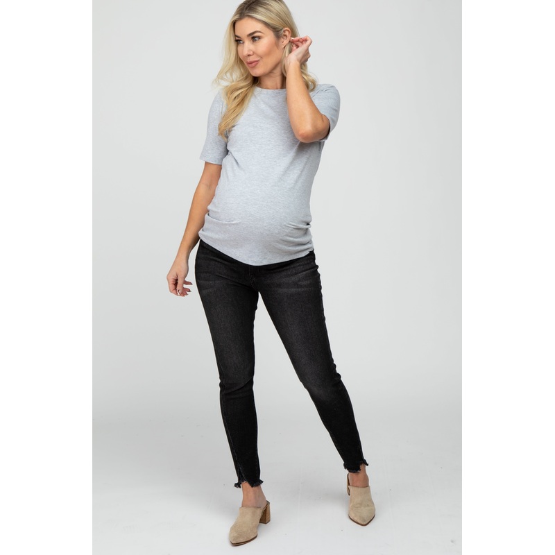 Black Faded Frayed Hem Maternity Jeans