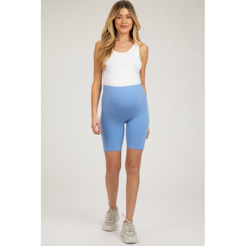Light Blue Rib Knit Maternity Biker Shorts