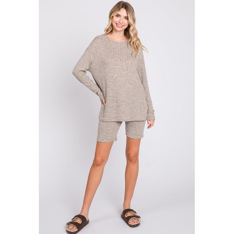 Mocha Ribbed Long Sleeve Shorts Set