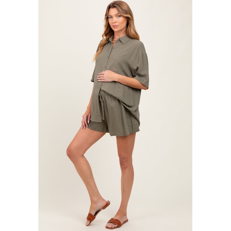 Olive Linen Blend Short Sleeve Shirt Shorts Maternity Set
