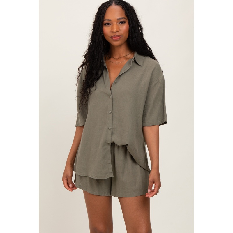 Olive Linen Blend Short Sleeve Shirt Shorts Set