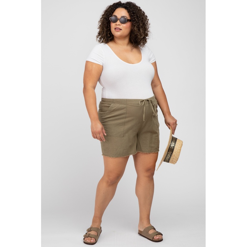 Olive Linen Fringe Hem Drawstring Maternity Plus Shorts