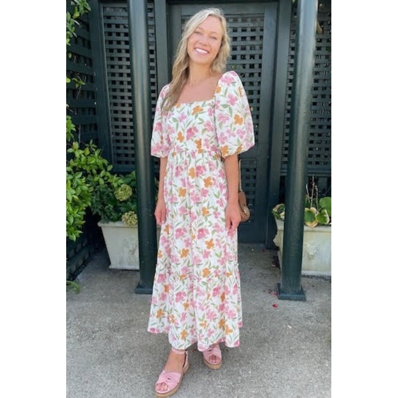White Floral Puff Sleeve Maxi Dress