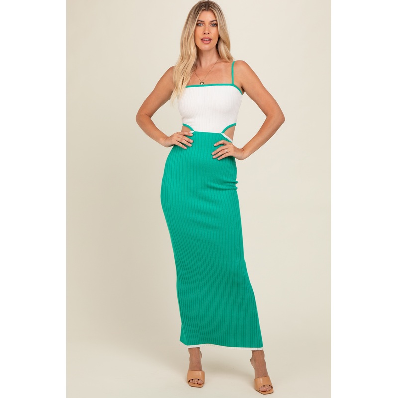White Green Colorblock Fitted Maxi