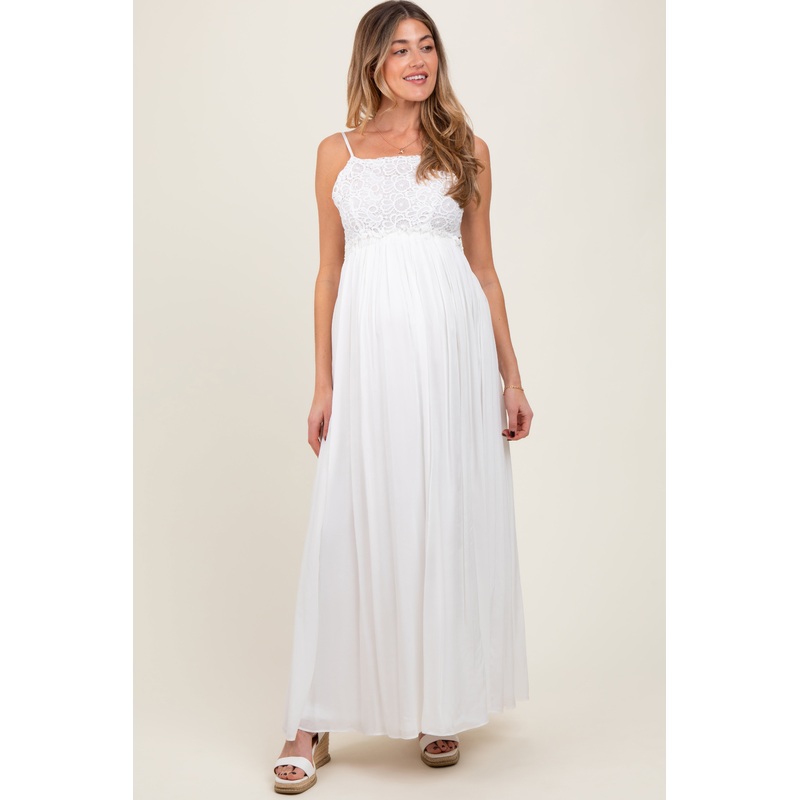 White Lace Bodice Cutout Tie Back Maternity Maxi Dress