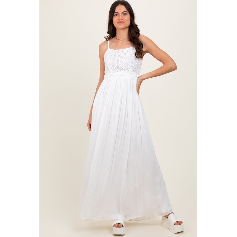 White Lace Bodice Cutout Tie Back Maxi Dress