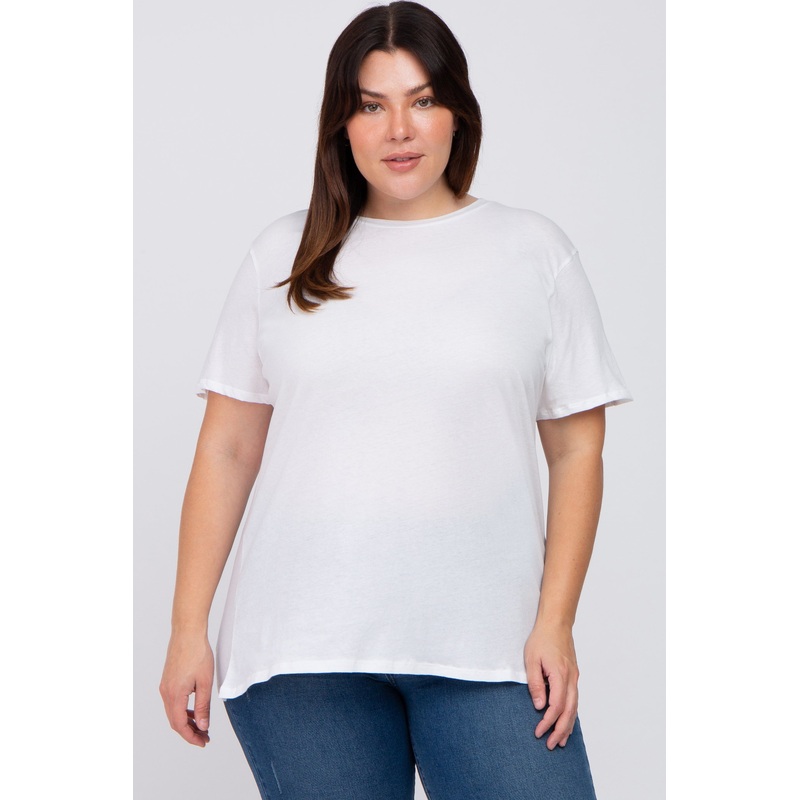 White Solid Short Sleeve Plus Top
