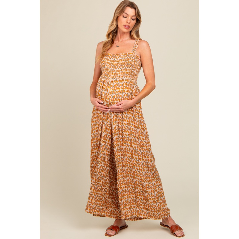 Yellow Printed Smocked Wide Leg Maternity Jumpsuit