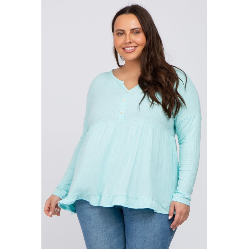 Aqua Button Accent Long Sleeve Plus Top