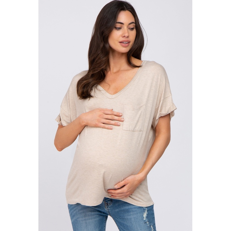 Beige Basic Pocket Front Short Sleeve Maternity Top