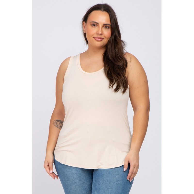 Beige Racerback Curved Hem Plus Tank Top