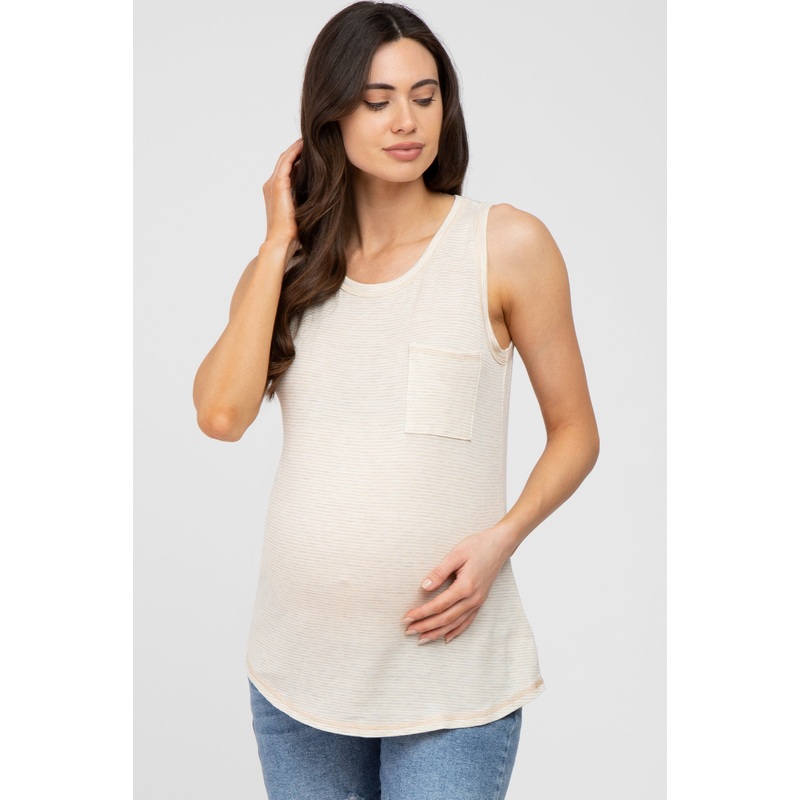 Beige Striped Pocket Front Sleeveless Maternity Top