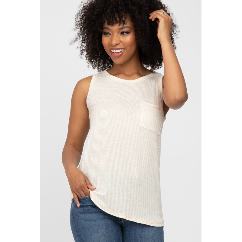 Beige Striped Pocket Front Sleeveless Top