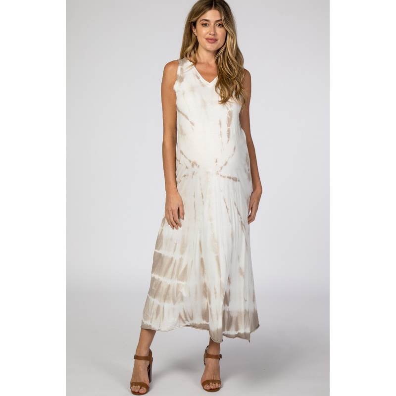 Beige Tie Dye V-Neck Maternity Midi Dress