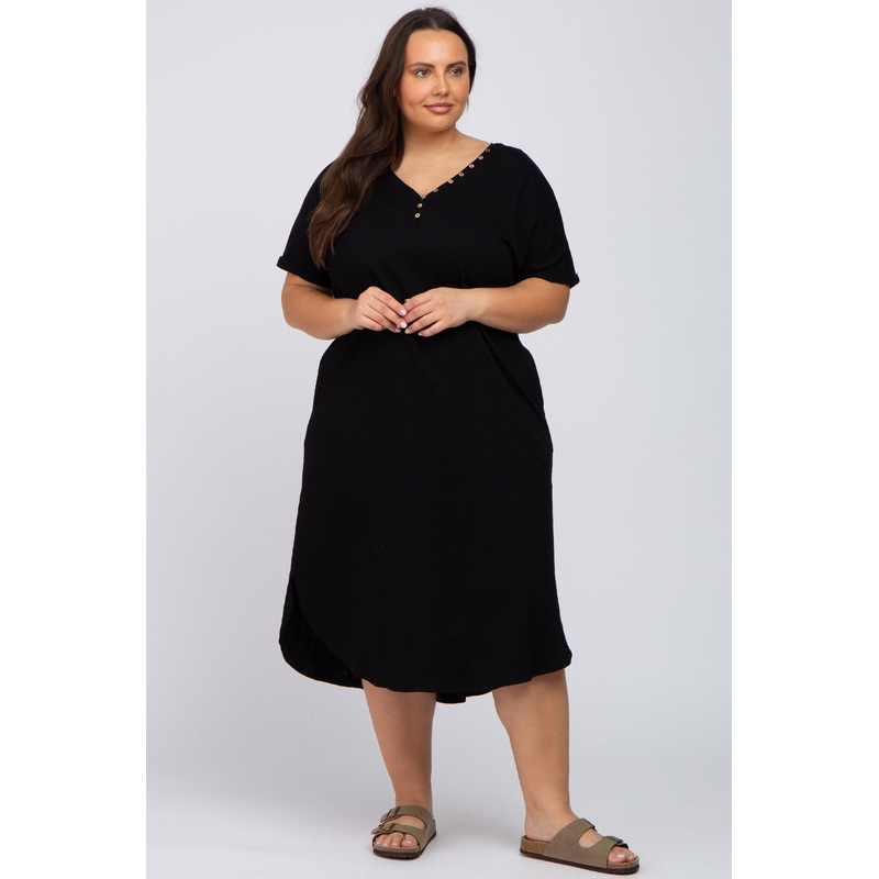 Black Button Neck Round Hem Plus Dress