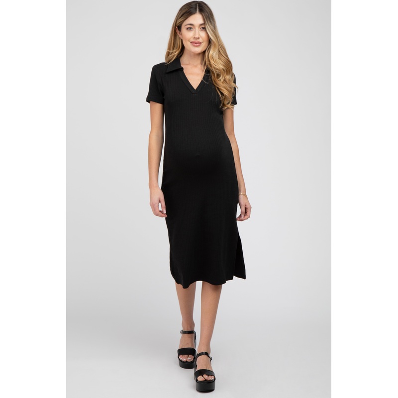 Black Collared Ribbed Maternity Midi Dress